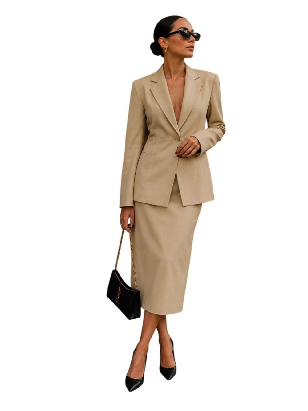 Due Per Due Vintage 14W - Pure Silk Suit Light Beige Blazer Skirt Set